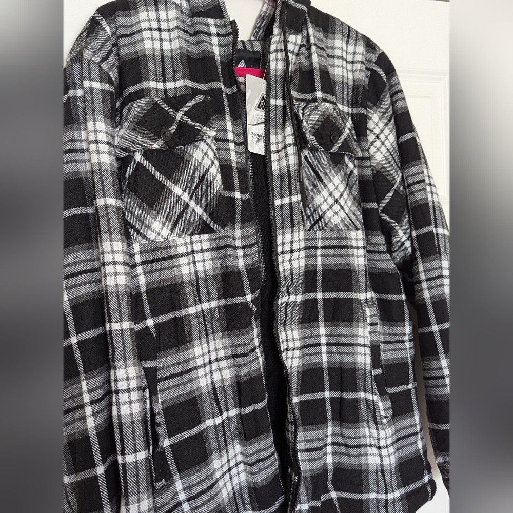 Plaid Hooded Jacket - Black and White/ Size Large/ Nwt - Picture 3 of 8